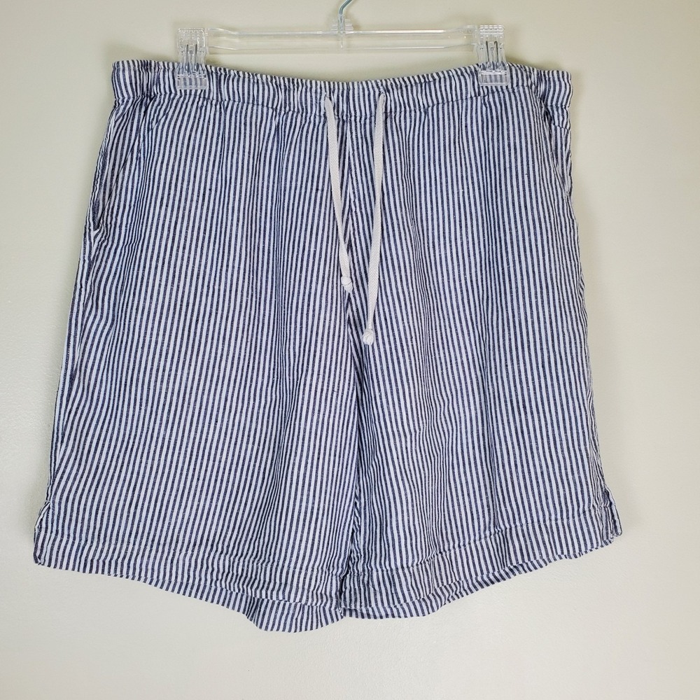 Alex Crane Men's Linen Shorts Striped Gray White XL Drawstring Pull On Coastal
